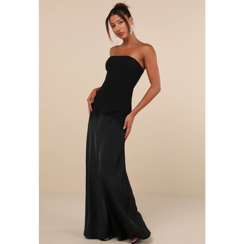 Lulus Compelling Style Black Strapless A-Line Maxi Crepe/Satin Maxi Dress NWT M - Picture 3 of 15